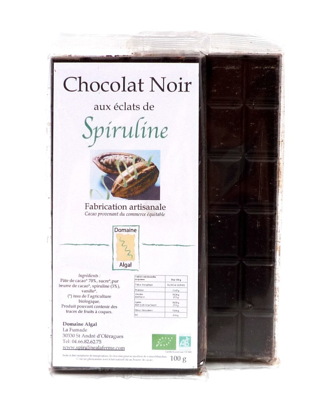 Acheter chocolat noir bio à la spiruline