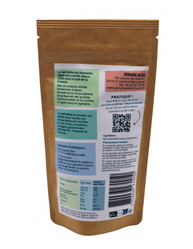 Dos du sachet de spiruline bio 100g et étiquette des valeurs nutritionnelles