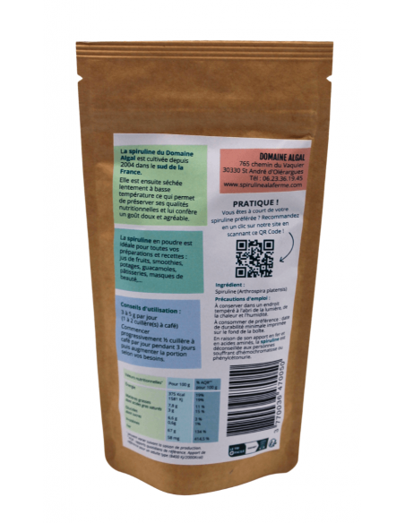 Dos du sachet de spiruline bio 100g et étiquette des valeurs nutritionnelles
