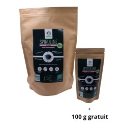Sachet kraft de spiruline en poudre bio française 1 kg et sachet de 100 g offert