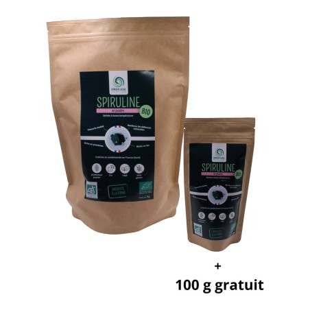 Sachet kraft de spiruline en poudre bio française 1 kg et sachet de 100 g offert