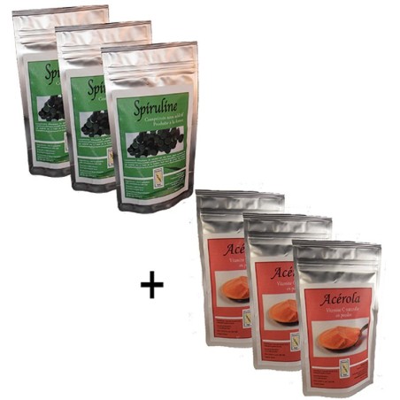 Pack 3 spiruline comprimés + 3 sachets d'acerola bio poudre
